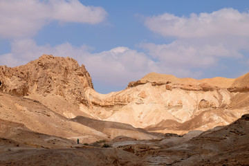 Fototapeta na wymiar One unidentified tourist on hiking trail approaching to mountain pass in Negev desert.