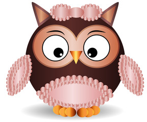Sweet round owl with pink wings, a bow and a pussy, curious eyes pulled to the beak and eyebrows