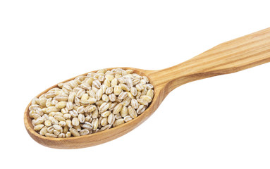 Pearl barley groats in wooden spoon isolated on white background