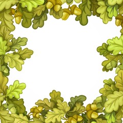 Autumn frame from oak branches with leaves and acorns isolated on white background