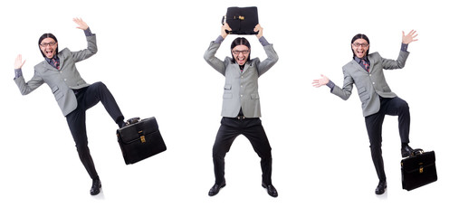 Young businessman in gray suit holding briefcase isolated on whi