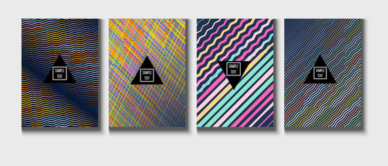 A4 cool covers set. Vector childrens colorful journal background. Corporate identity geometric halftone modern design. Dynamic abstract shapes for music festival poster, cool ads or folder background