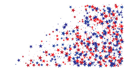 American national colors square vector background, festive pattern with flying, falling red, blue, white stars in colors of the United States' flag. Independence Day banner, bright star dust confetti