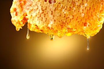 Honey dripping from honey comb on yellow background. Thick honey
