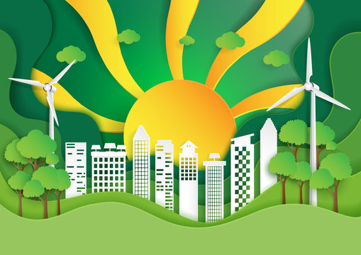 Green eco friendly city with nature landscape and sunshine paper art style.Save the world and environment concept for green energy.Vector illustration.