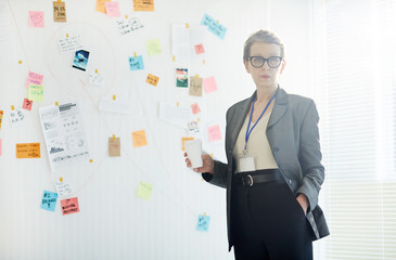 Mature female detective in formalwear standing by whiteboard in office