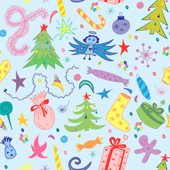 Seamless Pattern of Hand Drawn Doodle Winter Holiday Symbols. Colorful Children Drawings of  Fir Trees, Gifts, Candle, Sweets, Angel and Snowflakes. Vector illustration.