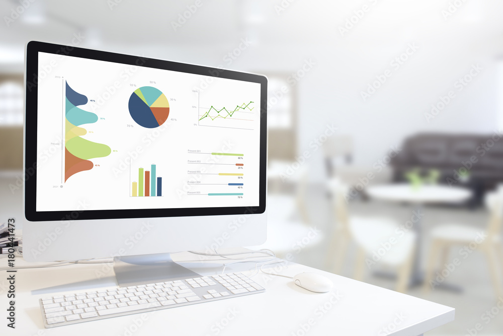 Poster Modern computer with keyboard and mouse on white table showing charts and graph on screen against .........background , Analysis Business, Statistics Concept.