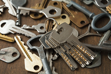 Many different keys on wood