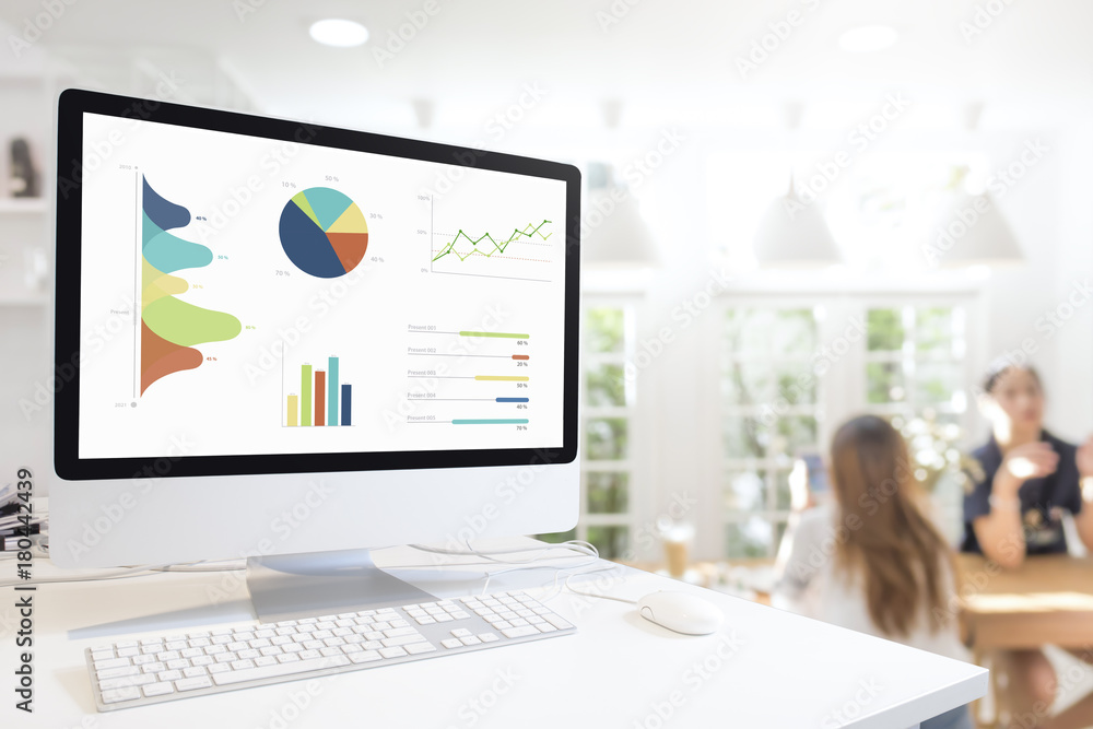 Poster Modern computer with keyboard and mouse on white table showing charts and graph on screen against blurred people sitting in cafe background , Analysis Business, Statistics Concept.