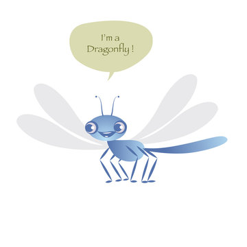 Cute dragonfly isolated on white background and speech balloon. Vector Illustration