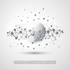 Black and White Modern Minimal Style Cloud Computing, Networks Structure, Telecommunications Concept Design, Network Connections, Transparent Geometric Wireframe with Icons - Vector Illustration