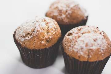 Chocolate homemade muffins whith sugar powder isolated on white, selective focus