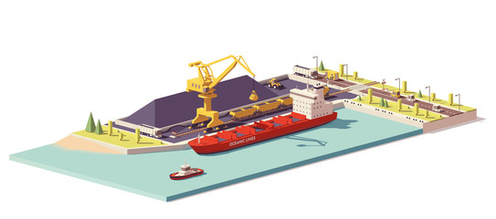 Obraz premium Vector low poly coal terminal and bulk carrier