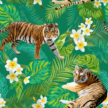 Tigers in Tropical Flowers and Palm Leaves Background, Seamless Pattern in vector