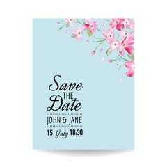 Save the Date Card with Spring Cherry Flowers for Wedding, Invitation, Party, RSVP in vector