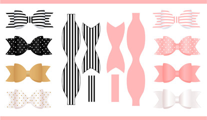 Set of realistic paper bows, pink, gold, white and black. Print and cut. Template of classic craft bow. Can be used for decoration gift boxes, cards, invitation. For baby shower, birthday party. 