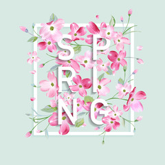Floral Spring Graphic Design with Cherry Blossom Flowers for T-shirt, Fashion Prints in vector
