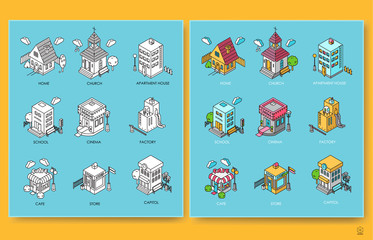Set of isometric buildings with trees, fence, lanterns and cloud