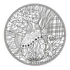 Mandala with cat. Zentangle. Hand drawn cat with abstract patterns on isolation background. Design for spiritual relaxation for adults. Black and white illustration for coloring. Outline for t-shirts