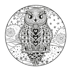 Mandala with owl. Zentangle. Hand drawn abstract patterns on isolation background. Design for spiritual relaxation for adults. Zendala. Black and white illustration for coloring. Print for t-shirts