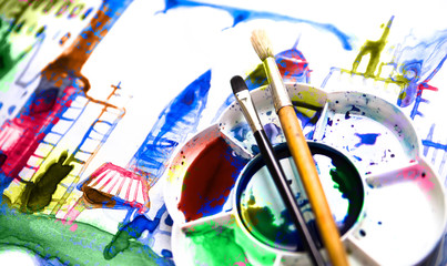 City illustration made of watercolour effects, palette and brushes. Watercolour textured collection.