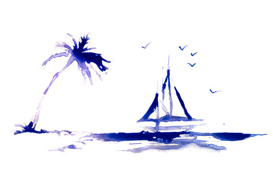 Palm tree on the beach and sail boat, abstract background made of watercolour with space for text
