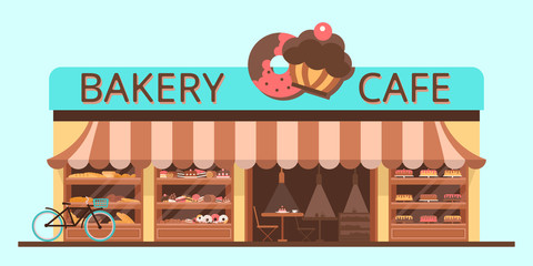 Bakery facade. Showcase with sweets. Cakes and bread. Flat vector esp 10.