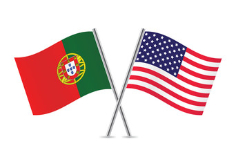 Portugal and America crossed flags. Portuguese and American flags on white background. Vector icon set. Vector illustration.