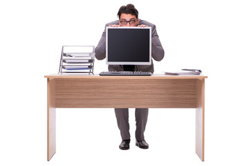Businessman hiding in the office isolated on white