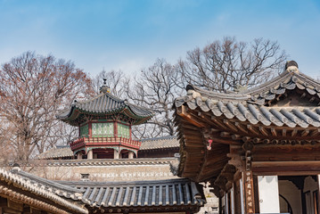 wooden pagodas in the park of seoul city in korea in winter