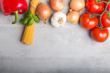 various vegetables with paprika, onions,and garlic and spaghetti