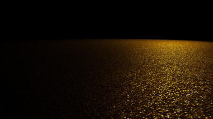glitter background - sparkling golden glitter on a stage lit by a spotlight from the right in front of a black background
