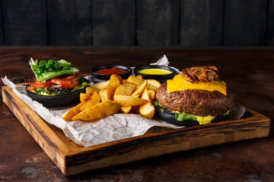 Take away burger menu on wooden tray