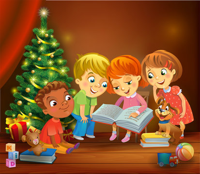 Kids reading the book beside a Christmas tree