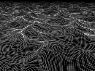 Abstract background of water surface mesh. 3D grid black background.