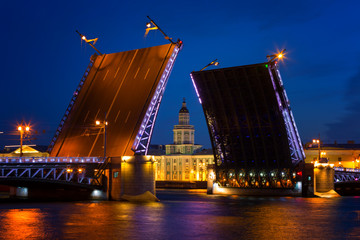 Fototapeta na wymiar Open Dvortsovy Bridge and view of Kunstkamera, Saint-Petersburg, Russia