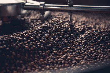 Close up aromatic coffee beans situating in professional machine with grain chiller. Prepare concept