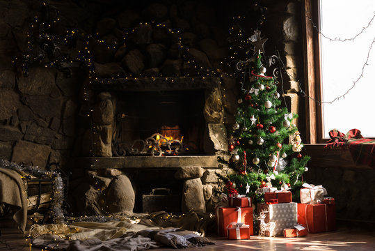 Christmas decorated fireplace