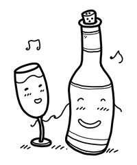 wine cartoon / vector and illustration, black and white, hand drawn, sketch style, isolated on white background.