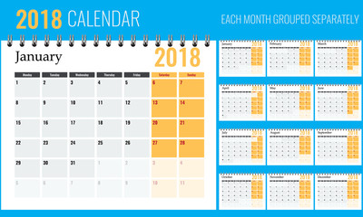 Vector of 2018 new year calendar in clean minimal table simple style with orange color.