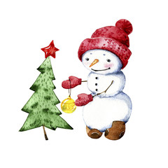 Isolated illustration of a snowman watercolor. Snowman in hat and scarf. Snowman dresses up a Christmas tree