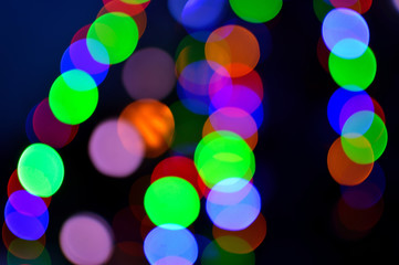 Abstract Christmas bokeh of rainbow lights. Blurry multicolor circles. Holiday decoration.