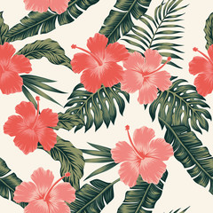 Flowers hibiscus abstract color tropical leaves seamless