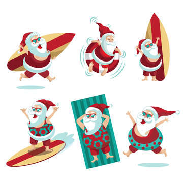 Santa Claus Beach Collection. Christmas Illustration Of Group Of Santa Claus In A Warm Climate. EPS 10 Vector.