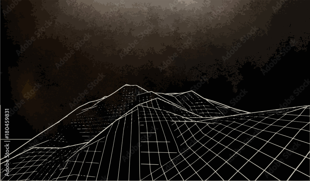 Wall mural vector illustration of a three-dimensional wireframe landscape on a black background.