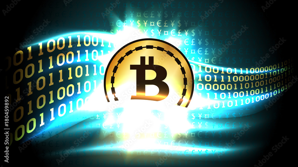 Poster golden symbol of cryptocurrency bitcoin exchanges currency signs for binary code, well organized lay