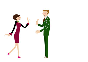 オフィスで会話する男女。ビジネスシーン。