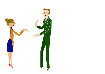 オフィスで会話する男女。ビジネスシーン。