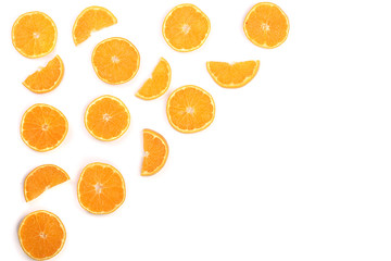 Slices of orange or tangerine isolated on white background with copy space for your text. Flat lay, top view